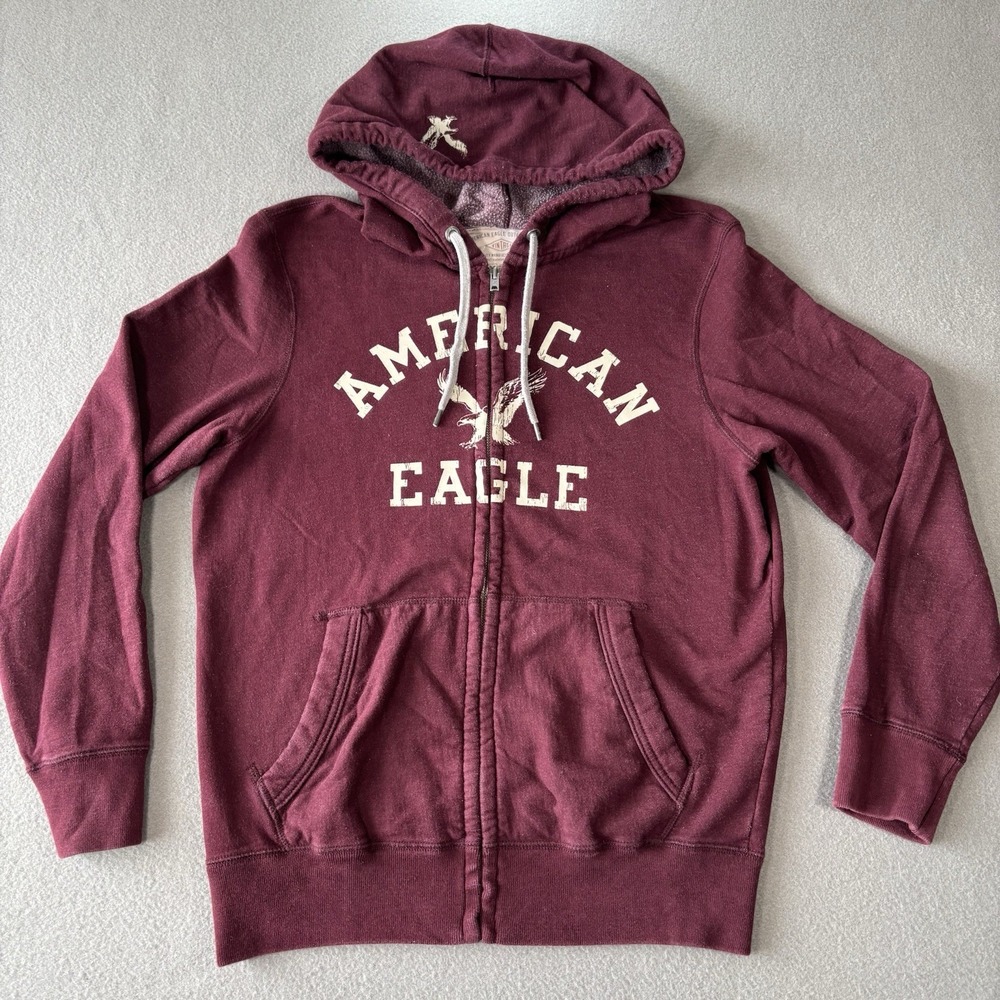 Y2K American Eagle Hoodie Mens M Burgundy Full Zip Spellout Skater Grunge 2000s